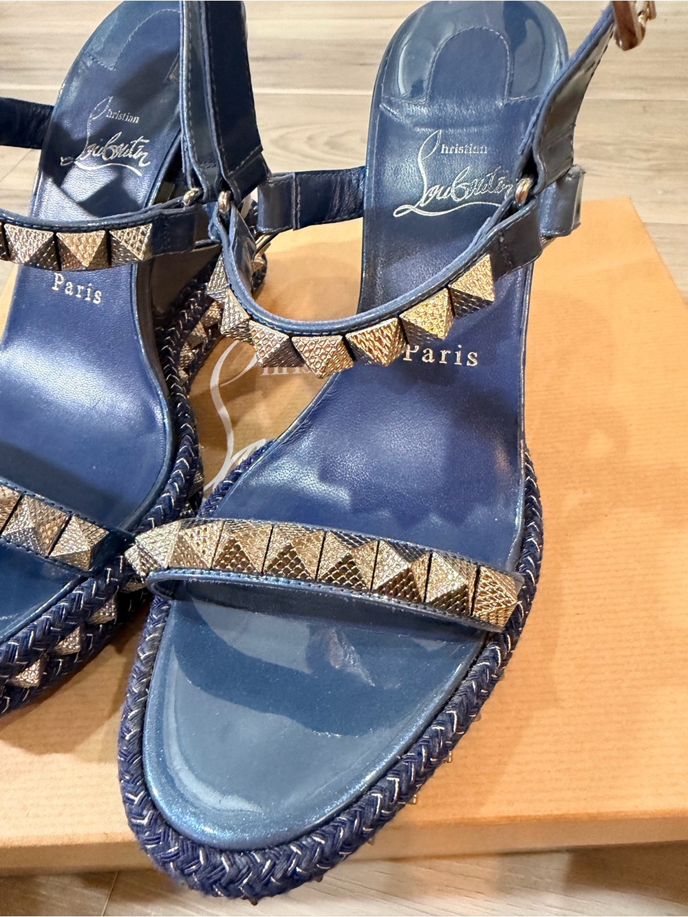 Christian Louboutin Blue Metallic Studded Wedge Sandals with Ankle Strap US 8 - Picture 6 of 10